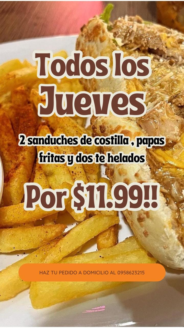 Afiche original de la promoción del jueves: dos sánduches de costilla, papas fritas y dos tés helados por $11.99