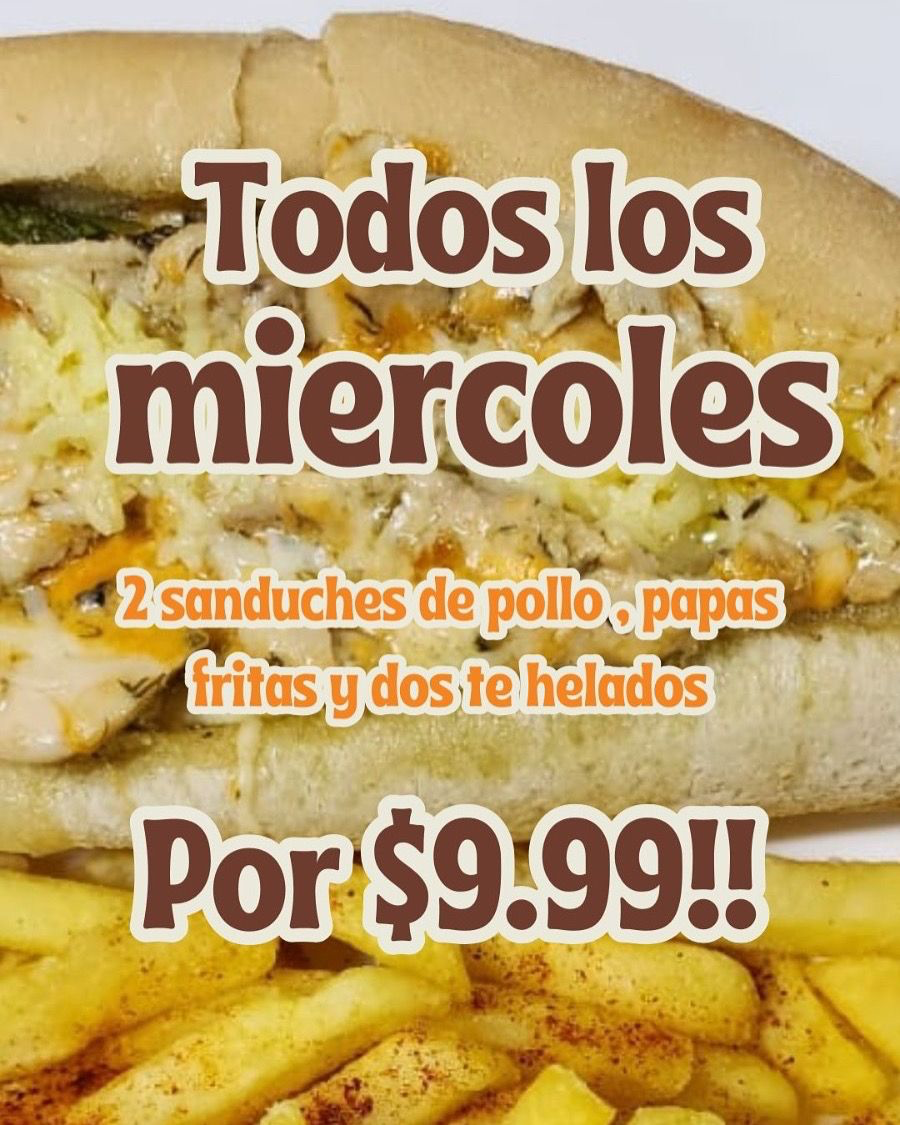Afiche original de la promoción del miércoles: dos sánduches de pollo, papas fritas y dos tés helados por $9.99